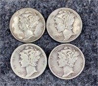 4- 90% Silver Mercury Dimes 1940's