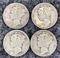 4- 90% Silver Mercury Dimes 1940's