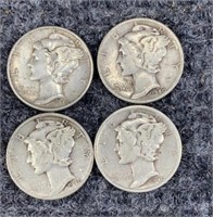 4- 90% Silver Mercury Dimes 1940