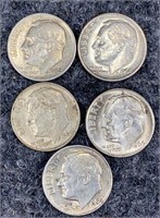 5 90% Silver Roosevelt Dimes