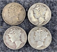 4- 90% Silver Mercury Dimes 1940's