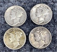 4-90% Silver Mercury Dimes 1940's