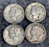 4- 90% Silver Mercury Dimes 1930's