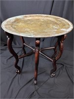 Chinese Brass Tray Top Wood Base Accent Table