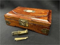 Antique Asian Wooden Box with Brass Inlay & Lock
