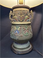 19th C, Champleve Urn Table Lamp w/ Dragon Handles