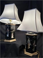Pr. of Black Lacquer Asian Figural Table Lamps