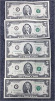 5-$2 Bills US Currency Note