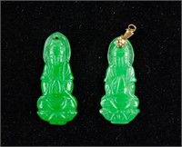 Chinese Pair of Green Jadeite Buddha Pendants