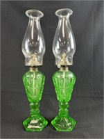 Pair of Emerald Green Uranium Glass Whale Oil Lamp