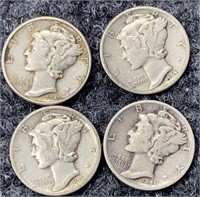 4 90% Silver Mercury Dimes 1940's