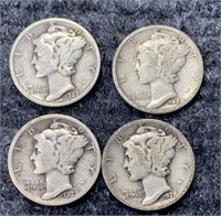 4 90% Silver Mercury Dimes 1920's