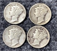 4 90% Silver Mercury Dimes 1930's