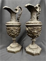 Pair of Gilded Cast Bronze Ornate Ewers Pitchers