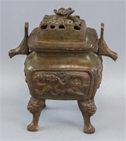 Chinese Bronze Carved Incense Burner with Lid
