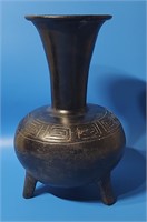 Black 3 Footed Pottery Vase w/Greek Key Design