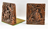Pair of Asian Style Carved Wood & Brass Bookends