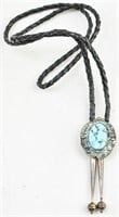 Sterling Silver Braided Leather Turquoise Bolo Tie