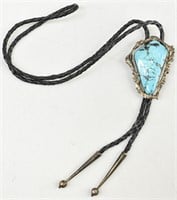 Sterling Silver & Large Turquoise Leather Bolo Tie
