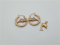 10K Gold Dolphin Hoop Earrings & 18K Pendant
