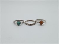 3 Sterling  Rings Amber Turquoise Band Ring