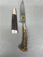 German Stag Handle Knife w/ Leather Sheath