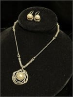 Sterling Silver & Pearl Pendant  w/ Drop Earrings