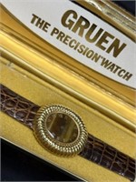 Gruen 18K Yellow Gold Womens Watch w/ Leather Band