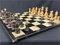 Black & Creme Marble Chess Set Board w/wooden pcs