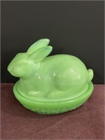 Bunny on a nest green jadeite basket weave good