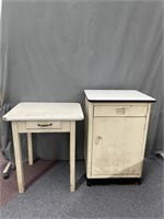 Vintage Enamel Topped Wood Table & 2 Metal