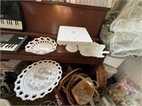 MILK GLASS PLATEAU CAKE PLATE, TWO NAPPIES AND