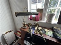 BRASS PIANO LAMP AND PAIR OF BRASS WALL SCONCES