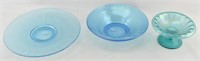 3 Blue Iridescent Art Glass Dishes