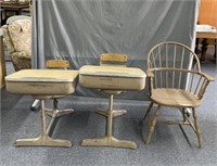 Two Vintage School Desks and Steel Chair