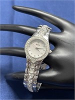 Bulova watch clear rhinestone mother of pearl