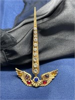 Antique wings staff stone brooch pin