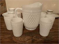 Milkglass Hobnail Water pitcher and 6 glasses