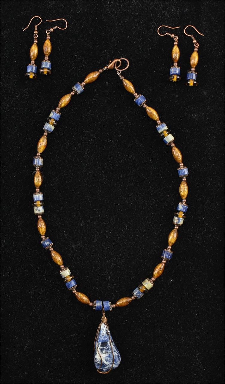 Beaded Sodalite Pendant Necklace, 2 Pair Earrings
