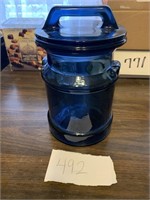 LE Smith blue glass milk can lidded jar canister