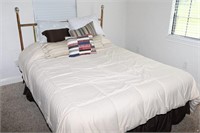 Queen Size Bed w/ Brass Headboard & Bedding