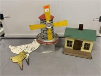 Metal Windmill and House Decor