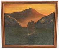 Oil on Canvas of Ship at Sunset