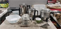 Box Of Assorted Items, (3) Coffee Percolators,