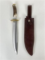 Knife with Deer Antler Handle & Leather Sheath