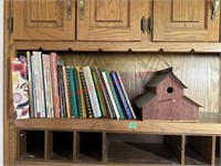 Assorted Cookbooks & Wood Birdhouse