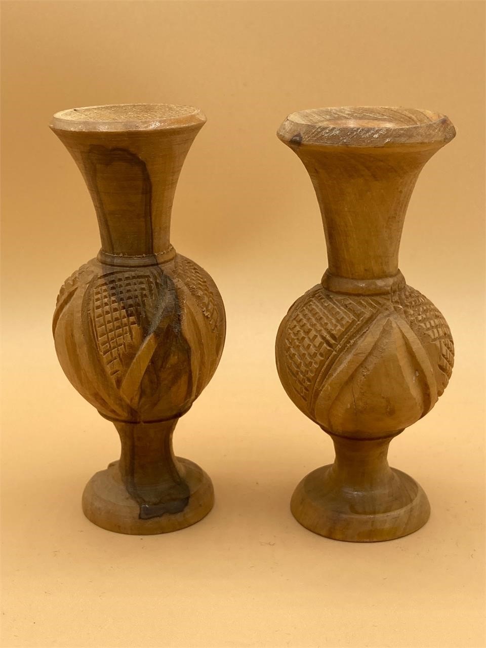 Pair Of Hand Carved Wood Vases