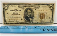 1929 Boston MA $5 Bill