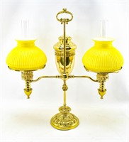 Ornate Brass Double Student Oil Lamp, Yellow