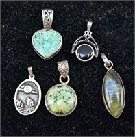 Group of 5 Sterling Silver Pendants, Turquoise
